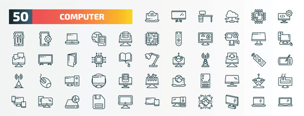 set of 50 special lineal computer icons. outline icons such as computing code, develope, data page, computers, computer micro chip, online support, work station, pc tower, pc with monitor,