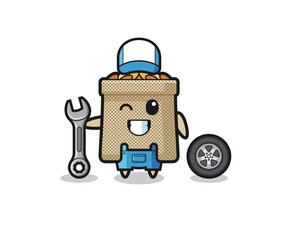 the wheat sack character as a mechanic mascot