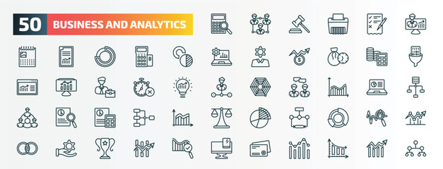 set of 50 special lineal business and analytics icons. outline icons such as supplies, user stats, value chart, spending, time out, profit analysis, accounting, flow chart, revenue, business card