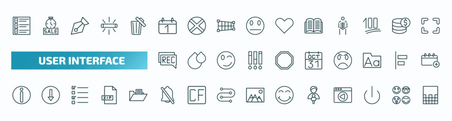 set of 40 special lineal user interface icons. outline icons such as film list, first date, book opened at center, recording conversation, octuber 31, information, disable alarm, news reporters,