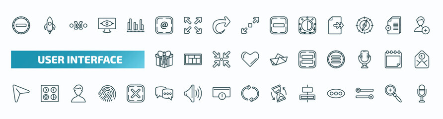set of 40 special lineal user interface icons. outline icons such as minus, at, birghtness, giftbox, equal, cursor, bubble speech, horizontal alignment, desativated, voice recorder line icons.