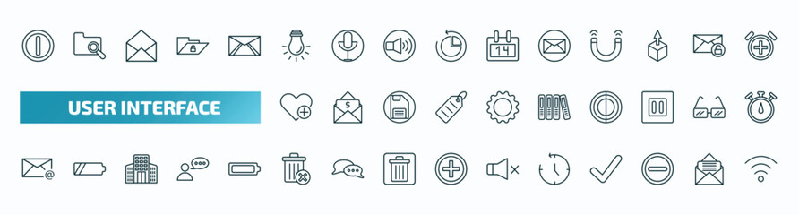set of 40 special lineal user interface icons. outline icons such as letter i, tungsten, email envelope button, add a like, office folders, email evelope, delete round button, anti clockwise, remove