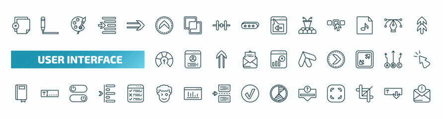 set of 40 special lineal user interface icons. outline icons such as add new document, up chevron, conference hall, indicators, top arrow, ribbon from a book, smiles, question button, crop tool,