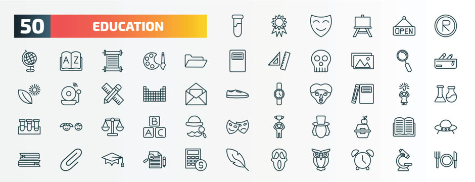 set of 50 special lineal education icons. outline icons such as tube, registered, folder, magnifying glass, periodic table, hardbound book variant, law, eugene onegin, attachment, scream line icons.