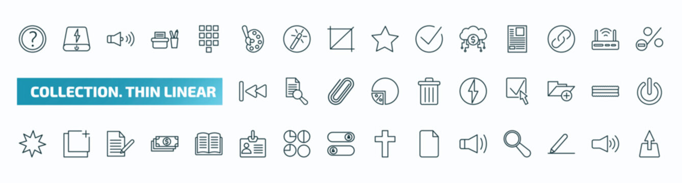 set of 40 special lineal collection. thin linear icons. outline icons such as round help button, artist paint palette, digital currency, backward track, lightning flash, pointed star, personal