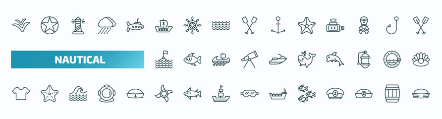 set of 40 special lineal nautical icons. outline icons such as seagull, pirate ship, big starfish, sea flag, whale, shirt, ship engine propeller, fishes, sailor cap, sailor hat line icons.