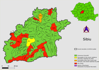 Vector map of the administrative divisions of Sibiu county with communes, city, municipalities, county seats  