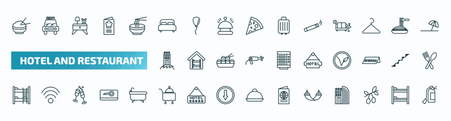 set of 40 special lineal hotel and restaurant icons. outline icons such as rice, double bed, smoking, beach hotel, hotel, bunk, room service, hammock, olives, fire extinguisher line icons.