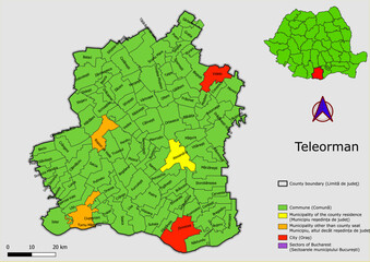 Vector map of the administrative divisions of Teleorman county with communes, city, municipalities, county seats  