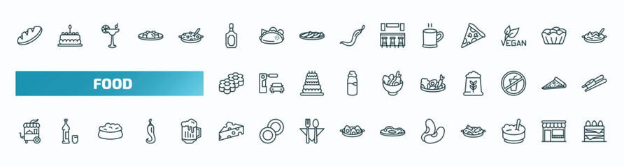 Fototapeta premium set of 40 special lineal food icons. outline icons such as loaf of bread, scotch, warm black mug, flower shaped biscuits, vegetarian food, fair, cheese wedge, bean, rice bowl, congratulations line