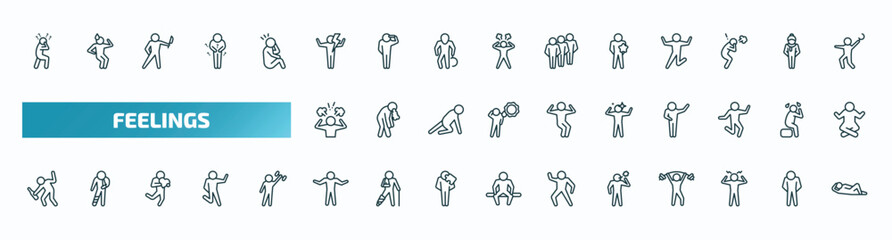 set of 40 special lineal feelings icons. outline icons such as surprised human, energized human, better human, pissed amazing drunk confident bad aggravated comfortable line icons.