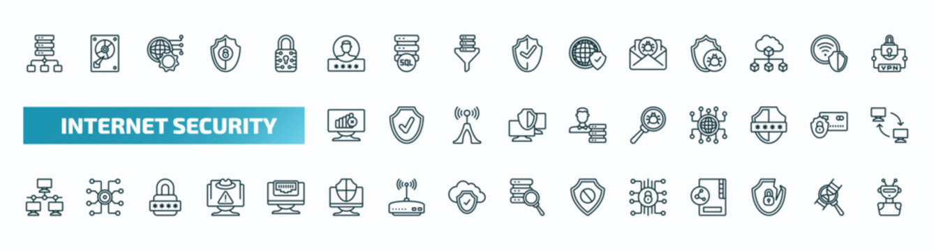 set of 40 special lineal internet security icons. outline icons such as proxy server, authentication, spam, connection error, virus search, local network, computer security, cyber security, internet