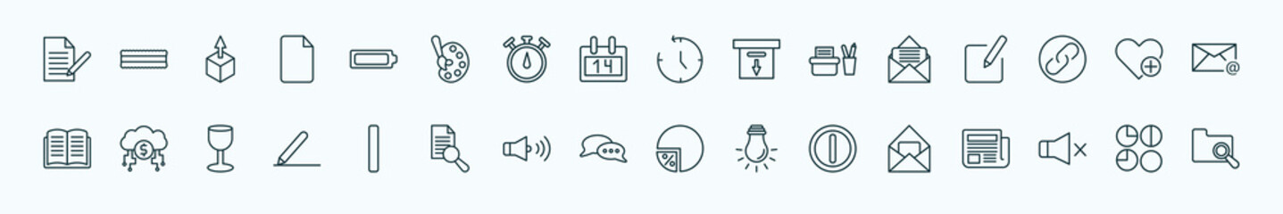 special lineal user interface icons set. outline icons such as written paper, battery loaded, anti clockwise, letter envelope, add a like, digital currency, vertical bar, two chat bubbles, letter i,