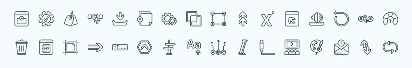 Fototapeta premium special lineal user interface icons set. outline icons such as remove right frame, file inbox, metrize, direct selection, user exchange, note blog, text box, letter size, gross pencil, unread mail,