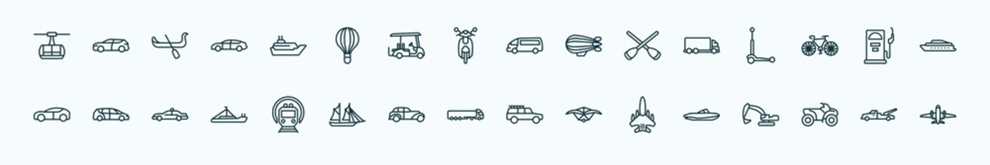 special lineal transportation icons set. outline icons such as chairlift, cruiser, minibus, lorry, fuel dispenser, people carrier, , tanker, military airplane, all terrain vehicle, wrecker line