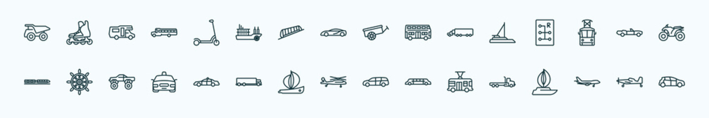 special lineal transportation icons set. outline icons such as haul, kick scooter, oxcart, catamaran, cabriolet, ship helm, police car, military helicopter, trolleybus, jumbo jet, crop duster line © Farahim