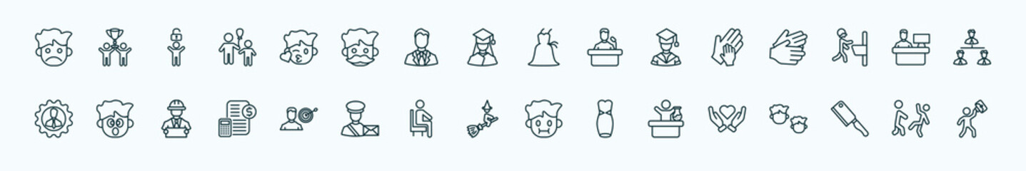 special lineal people icons set. outline icons such as sad smile, kiss smile, bridesmaids, hand of an adult, assembler, surprised smile, man with target, witch flying broom, chemist working, butcher