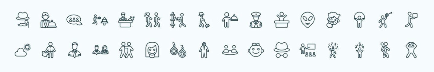 special lineal people icons set. outline icons such as sir, vet with cat, cooker with tray, alien smile, man with big key, salesman working, hugging, protective suit, hat and glasses, man money,