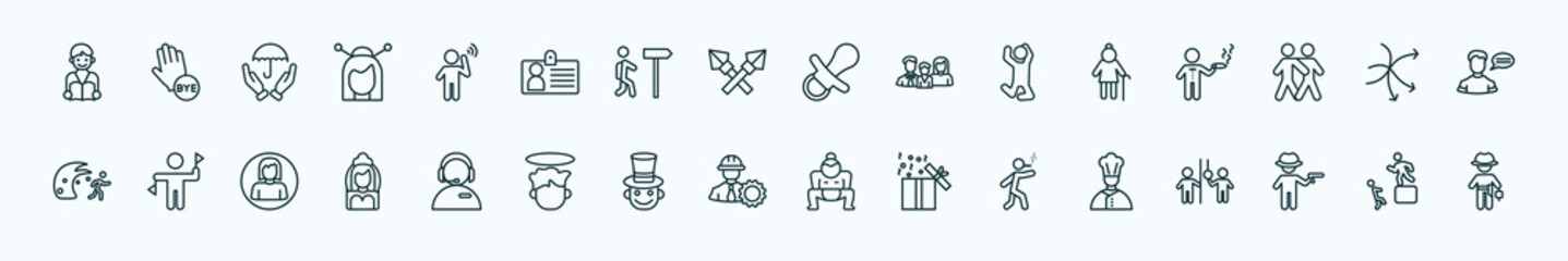 special lineal people icons set. outline icons such as student books, man hearing, baby pacifier, old lady walking, complex, flag semaphore language, phone assistance, constructor, man walking and