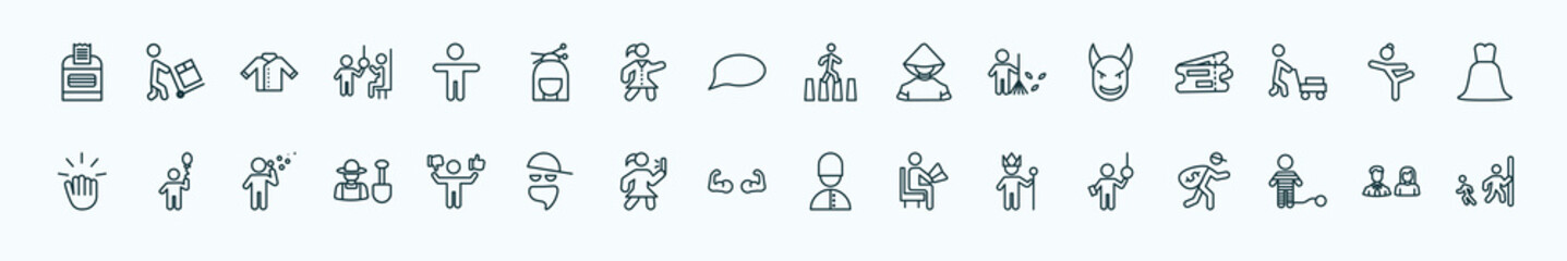 special lineal people icons set. outline icons such as ticket hine, crucified pose, crossing road, devil head with horns, gymnast girl, boy with balloon, preference, biceps of a man, king in his