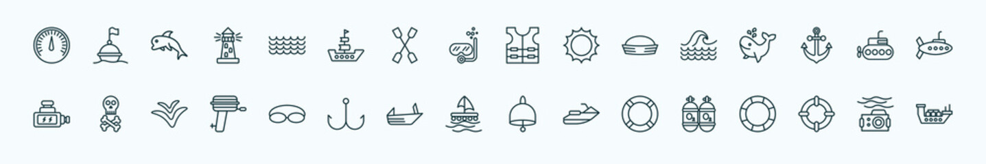 special lineal nautical icons set. outline icons such as barometer, ocean waves, vest, sea, submarine facing right, skull and bones, swimming glasses, wood raft, lifesaver, life preserver, water