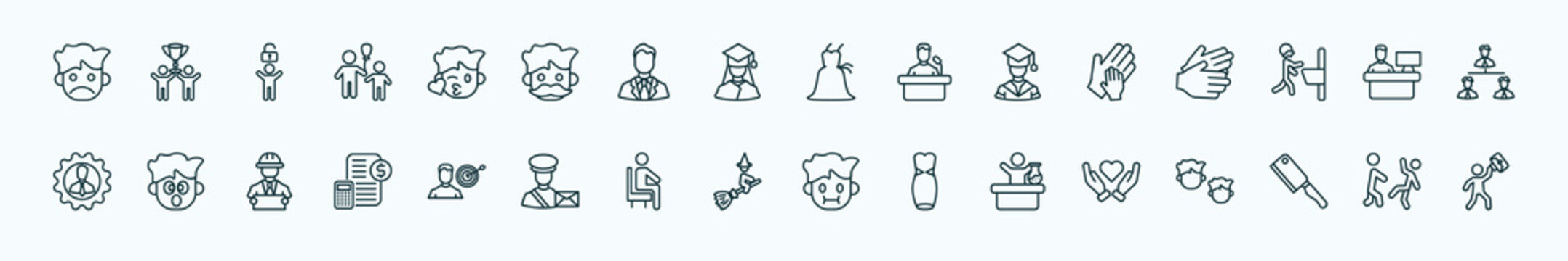 Special Lineal People Icons Set. Outline Icons Such As Sad Smile, Kiss Smile, Bridesmaids, Hand Of An Adult, Assembler, Surprised Smile, Man With Target, Witch Flying Broom, Chemist Working, Butcher