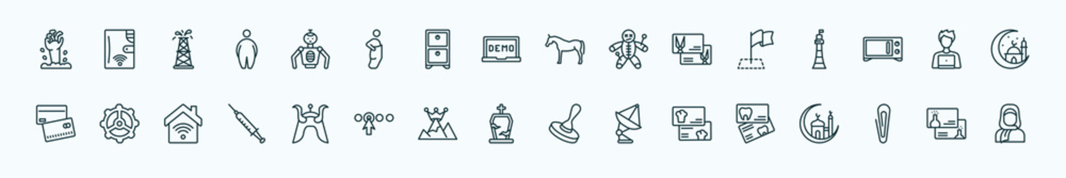 special lineal other icons set. outline icons such as zambie hand, robot of japan, arab horse, milestone, it specialist, tings, samurai head of japan, tombstone with cross, cook business card, metal