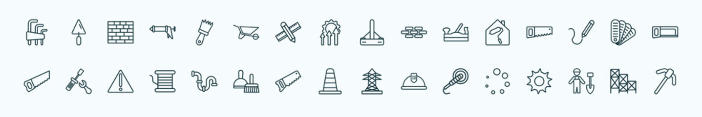 special lineal construction tools icons set. outline icons such as allen keys, builder brush, bump cutter, home repair, pantone, repair screwdriver, plumbing pipes, road construction, polishers,