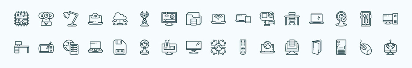 special lineal computer icons set. outline icons such as chips, cloud network, wi fi, school desk, restaurant app, tablet tool, save file, computer monitor, surfing the net, pc tower, mouse device
