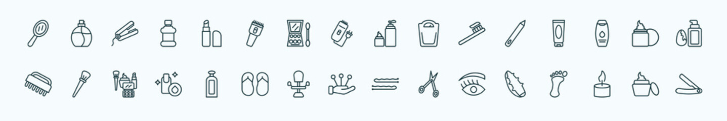 special lineal beauty icons set. outline icons such as hand mirror, inclined lipstick, skincare, pencils, moisturizer, inclined makeup brush, inclined bottle, massage, woman eye, one candle, facial