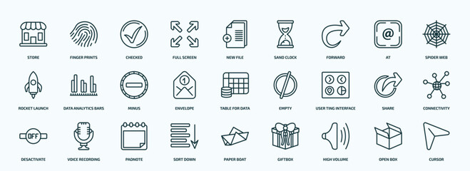 Obraz na płótnie Canvas special lineal user interface icons set. outline icons such as store, full screen, forward, rocket launch, envelope, user ting interface, desactivate, sort down, high volume, open box line icons.