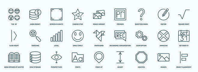 Obraz na płótnie Canvas special lineal user interface icons set. outline icons such as the of, cinema star, question mark, slide right, smile smile, gear option, book opened at center, fonts, eighties, images line icons.