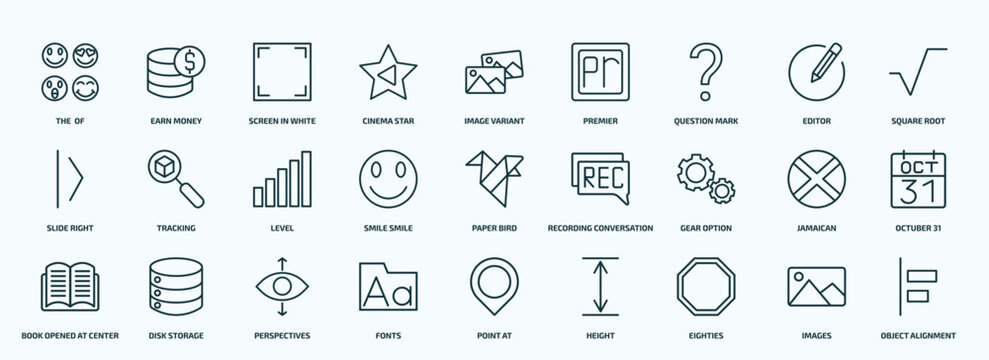 special lineal user interface icons set. outline icons such as the of, cinema star, question mark, slide right, smile smile, gear option, book opened at center, fonts, eighties, images line icons.