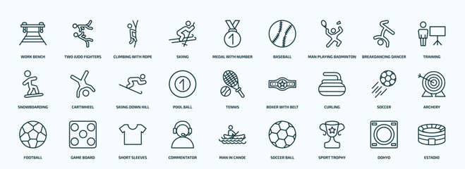 special lineal sports icons set. outline icons such as work bench, skiing, man playing badminton, snowboarding, pool ball, curling, football, commentator, sport trophy, dohyo line icons.