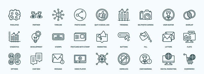 Obraz na płótnie Canvas special lineal social media marketing icons set. outline icons such as pixelated, photo share, big photo camera, stadistics, postcard with stamp, fill, options, video player, user warning, digital