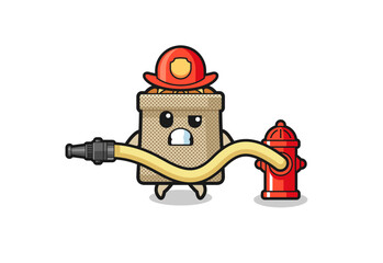 wheat sack cartoon as firefighter mascot with water hose