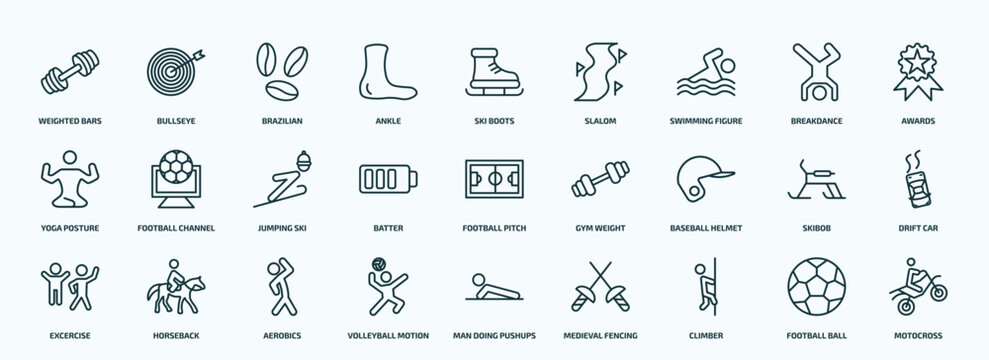 special lineal sports icons set. outline icons such as weighted bars, ankle, swimming figure, yoga posture, batter, baseball helmet, excercise, volleyball motion, climber, football ball line icons.