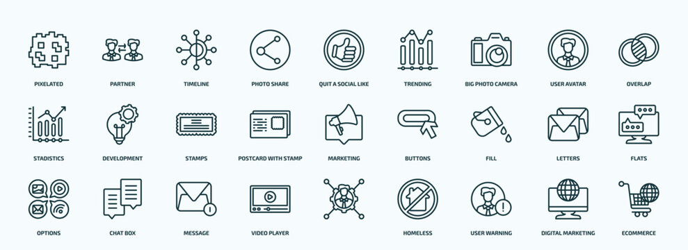 special lineal social media marketing icons set. outline icons such as pixelated, photo share, big photo camera, stadistics, postcard with stamp, fill, options, video player, user warning, digital