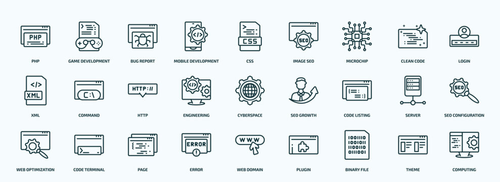 special lineal programming icons set. outline icons such as php, mobile development, microchip, xml, engineering, code listing, web optimization, error, binary file, theme line icons.