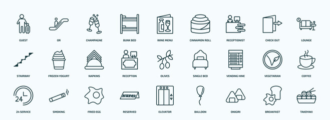 Obraz na płótnie Canvas special lineal hotel and restaurant icons set. outline icons such as guest, bunk bed, receptionist, stairway, reception, vending hine, 24 service, reserved, onigiri, breakfast line icons.