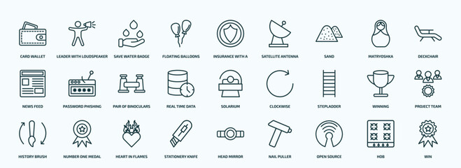 Obraz na płótnie Canvas special lineal general icons set. outline icons such as card wallet, floating balloons, sand, news feed, real time data, stepladder, history brush, stationery knife, open source, hob line icons.