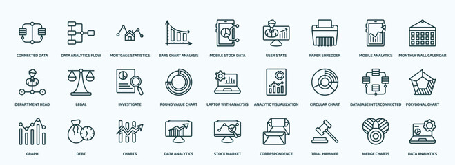 Obraz na płótnie Canvas special lineal business and analytics icons set. outline icons such as connected data, bars chart analysis, paper shredder, department head, round value chart, circular chart, graph, data analytics,