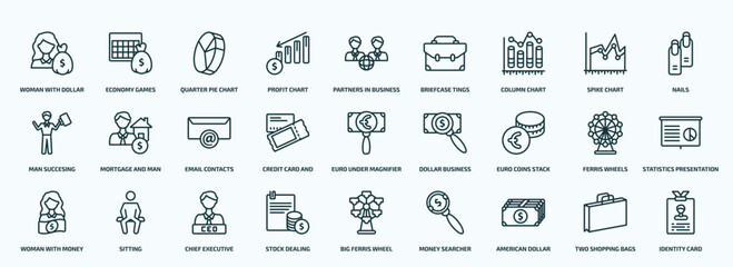 Obraz na płótnie Canvas special lineal business icons set. outline icons such as woman with dollar bill, profit chart, column chart, man succesing, credit card and ticket, euro coins stack, woman with money, stock dealing,