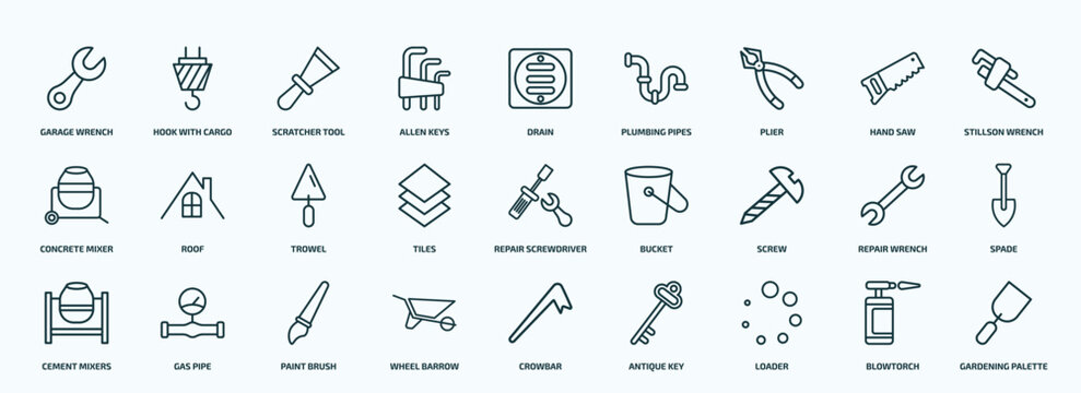 special lineal construction tools icons set. outline icons such as garage wrench, allen keys, plier, concrete mixer, tiles, screw, cement mixers, wheel barrow, loader, blowtorch line icons.