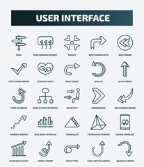 set of 25 special lineal user interface icons. outline icons such as road, rear window defrost, back arrow, right curve, turn up arrow, arrowheads, dual bars interface, online gambling, right turn,