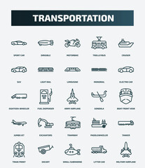 set of 25 special lineal transportation icons. outline icons such as sport car, dirigible, cruiser, limousine, eighteen-wheeler, gondola, excavators, tanker, small submarine, litter car line icons. © Farahim
