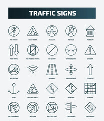 set of 25 special lineal traffic signs icons. outline icons such as no doubt, road work, museum, no entry, no trucks, crossroads, falling rocks, curves, chatting, crossroad line icons.