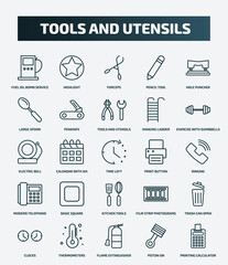 set of 25 special lineal tools and utensils icons. outline icons such as fuel oil bomb service, highlight, hole puncher, tools and utensils, electric bell, print button, basic square, trash can