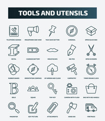 set of 25 special lineal tools and utensils icons. outline icons such as telephone agenda, megaphone side view, open black box, moustaches, rubber bands, carpentry, squad, bag with big handle,