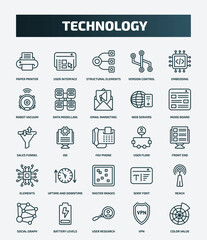 set of 25 special lineal technology icons. outline icons such as paper printer, user interface, embedding, email marketing, sales funnel, user flow, uptime and downtime, reach, user research, vpn
